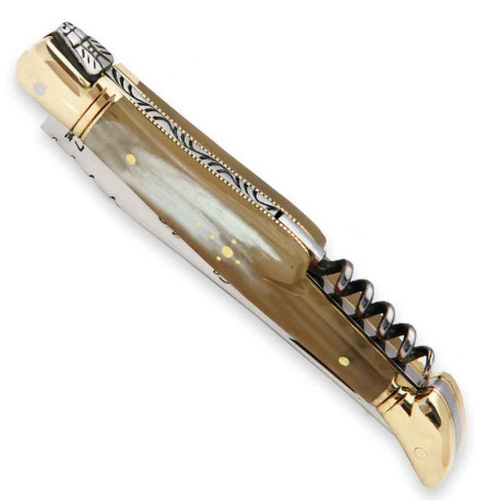 Laguiole pocket knife with Blonde Horn handle and brass bolsters, corkscrew - Image 2855